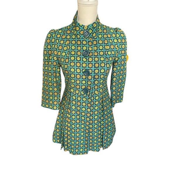 NWT Tulle Womens Geometric Print Dress Coat Pleated 3/4 Sleeve Size S Green - Picture 1 of 12